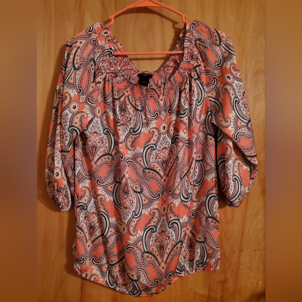 Ann Taylor Coral Paisley Smocked Neck Blouse